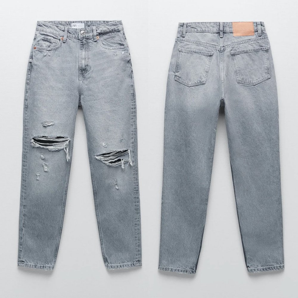 NEW Zara Ripped Mom Fit Distress Jeans Light Grey